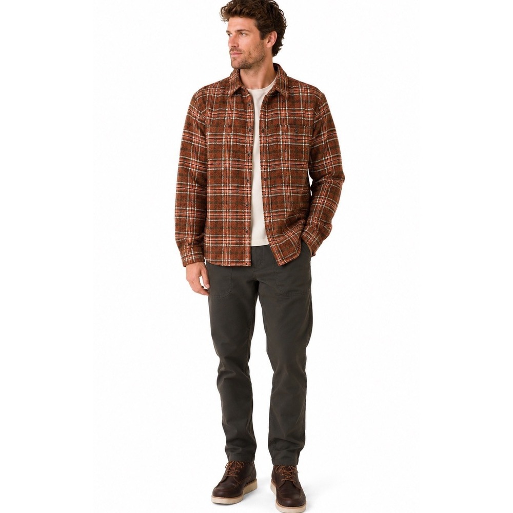 Prana Heavyweight Plaid Shacket Overshirt Men's Large Brown Orange